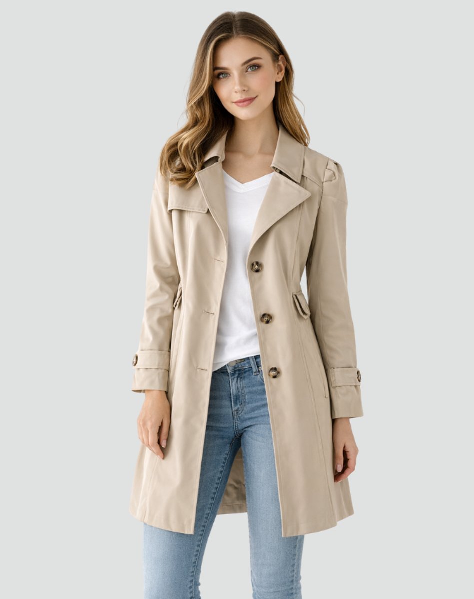 Nora | Kvinnenes Klassiske Mid-Length Trench Coat Med Skreddersydd Krage