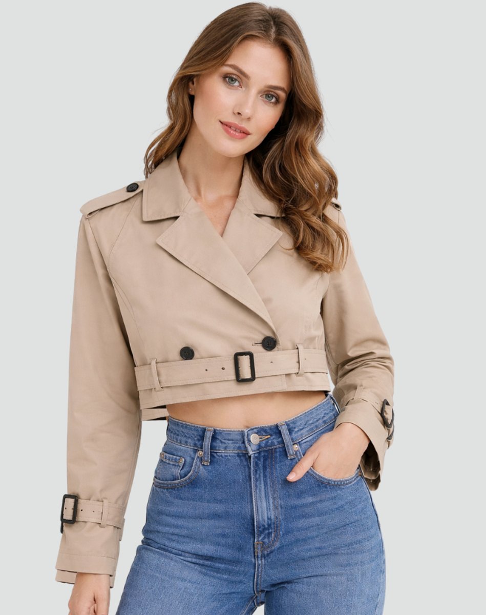 Freja | Kvinne Kort Kuttet Trench Coat Dobbelspent Beltejakke