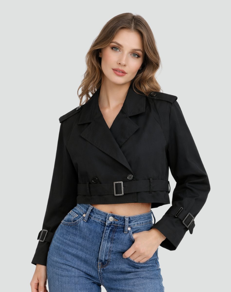 Freja | Kvinne Kort Kuttet Trench Coat Dobbelspent Beltejakke