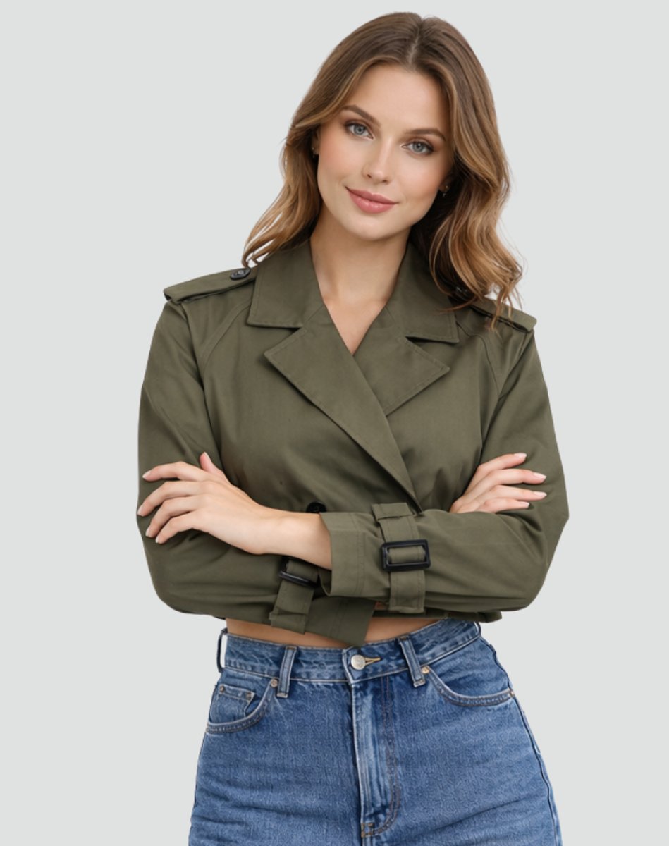 Freja | Kvinne Kort Kuttet Trench Coat Dobbelspent Beltejakke