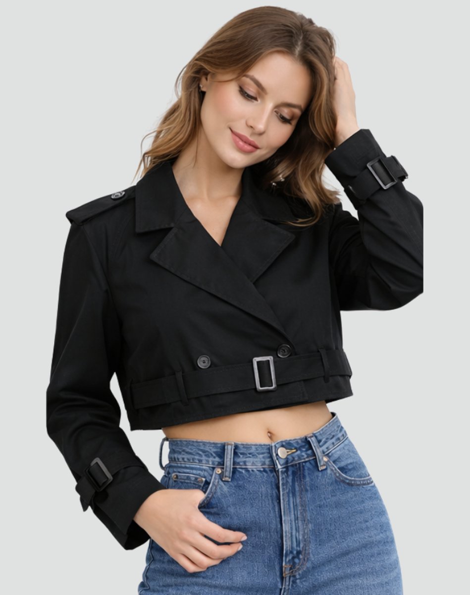 Freja | Kvinne Kort Kuttet Trench Coat Dobbelspent Beltejakke