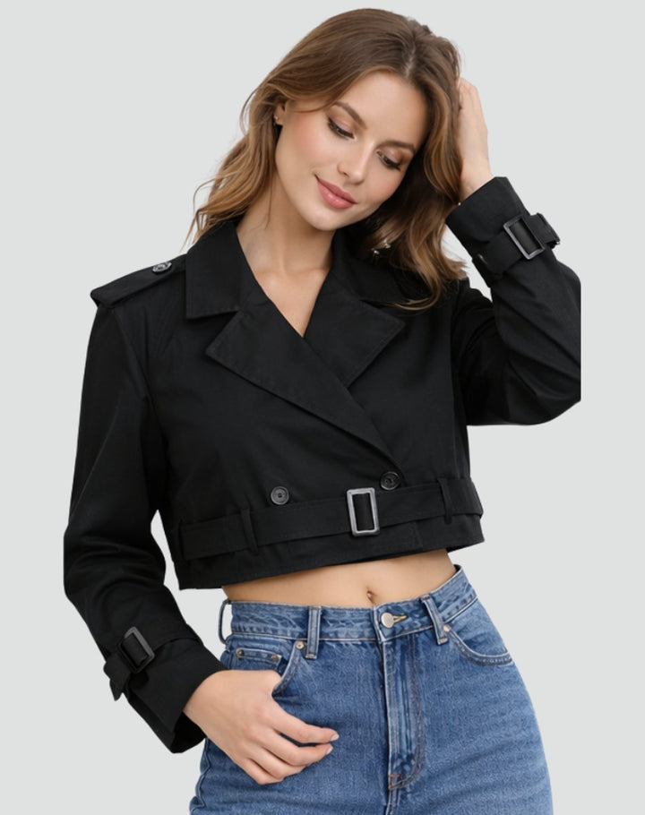 Freja | Kvinne Kort Kuttet Trench Coat Dobbelspent Beltejakke