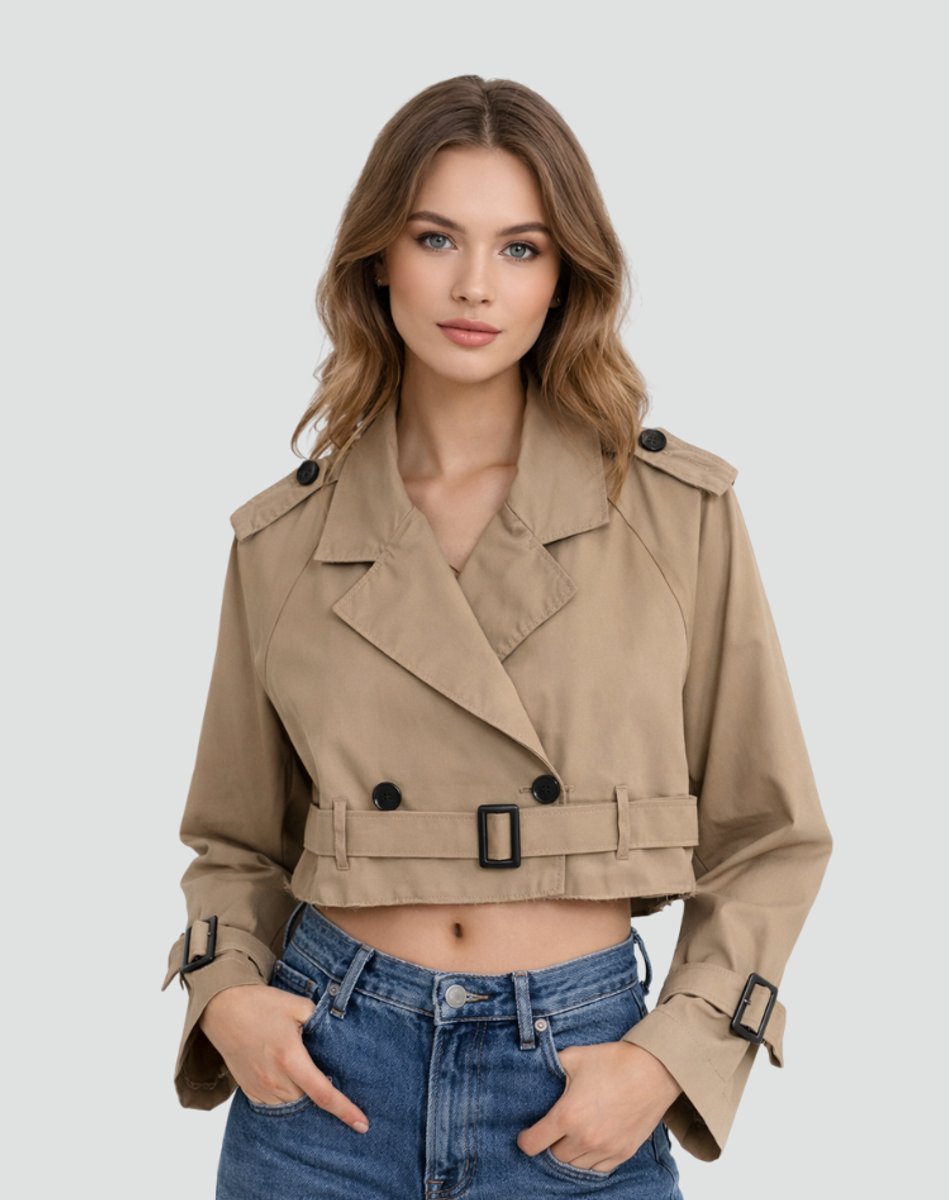 Freja | Kvinne Kort Kuttet Trench Coat Dobbelspent Beltejakke
