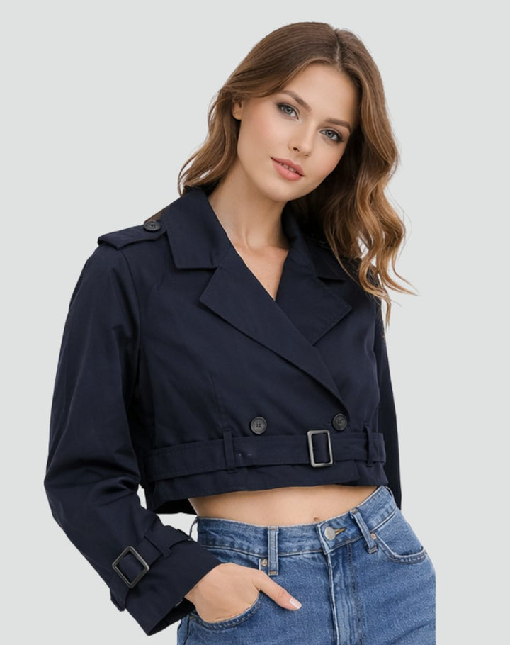 Freja | Kvinne Kort Kuttet Trench Coat Dobbelspent Beltejakke