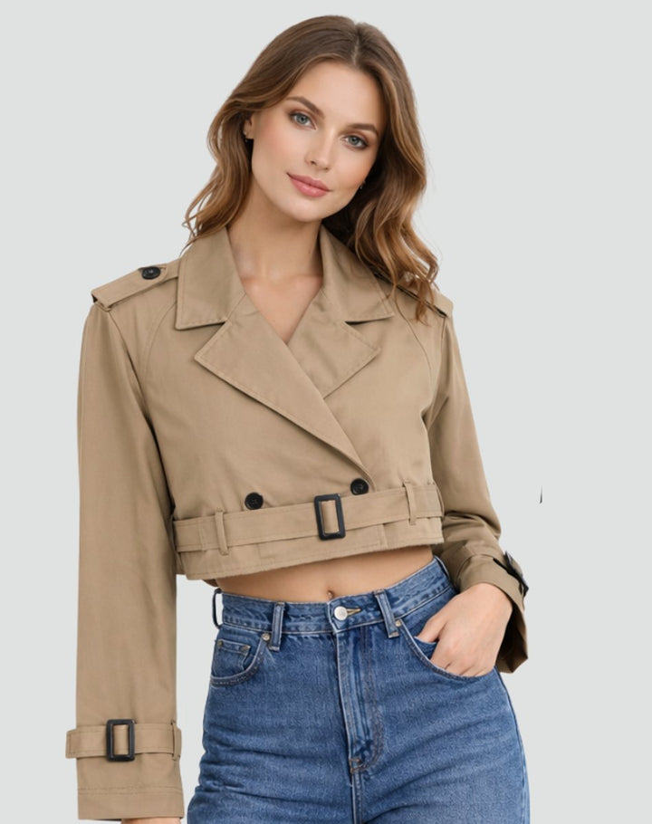 Freja | Kvinne Kort Kuttet Trench Coat Dobbelspent Beltejakke
