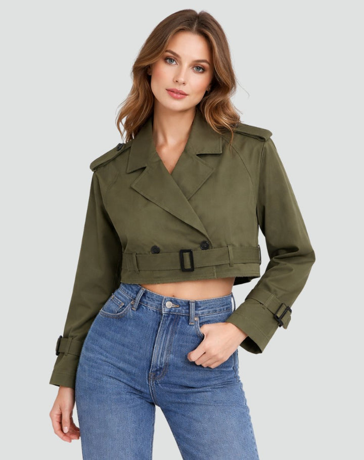 Freja | Kvinne Kort Kuttet Trench Coat Dobbelspent Beltejakke
