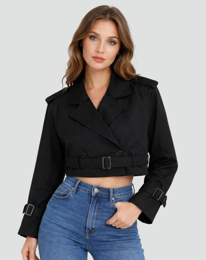 Freja | Kvinne Kort Kuttet Trench Coat Dobbelspent Beltejakke