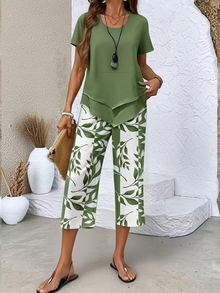 Alma | Kvinne Short Sleeve Leaf Print To-delt Sett