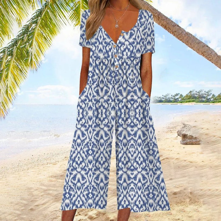 Agnes | Kvinne Short-Sleeved Cotton Culotte Jumpsuit med knappelukking