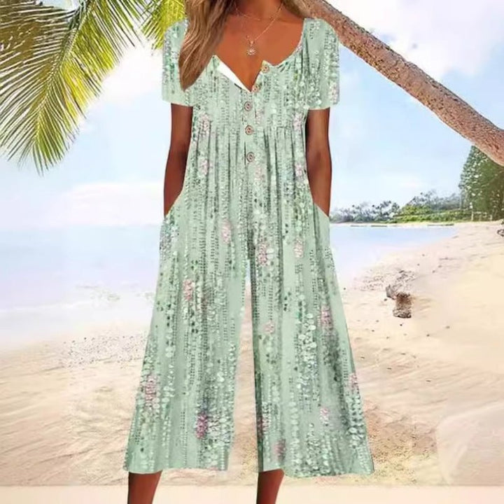 Agnes | Kvinne Short-Sleeved Cotton Culotte Jumpsuit med knappelukking