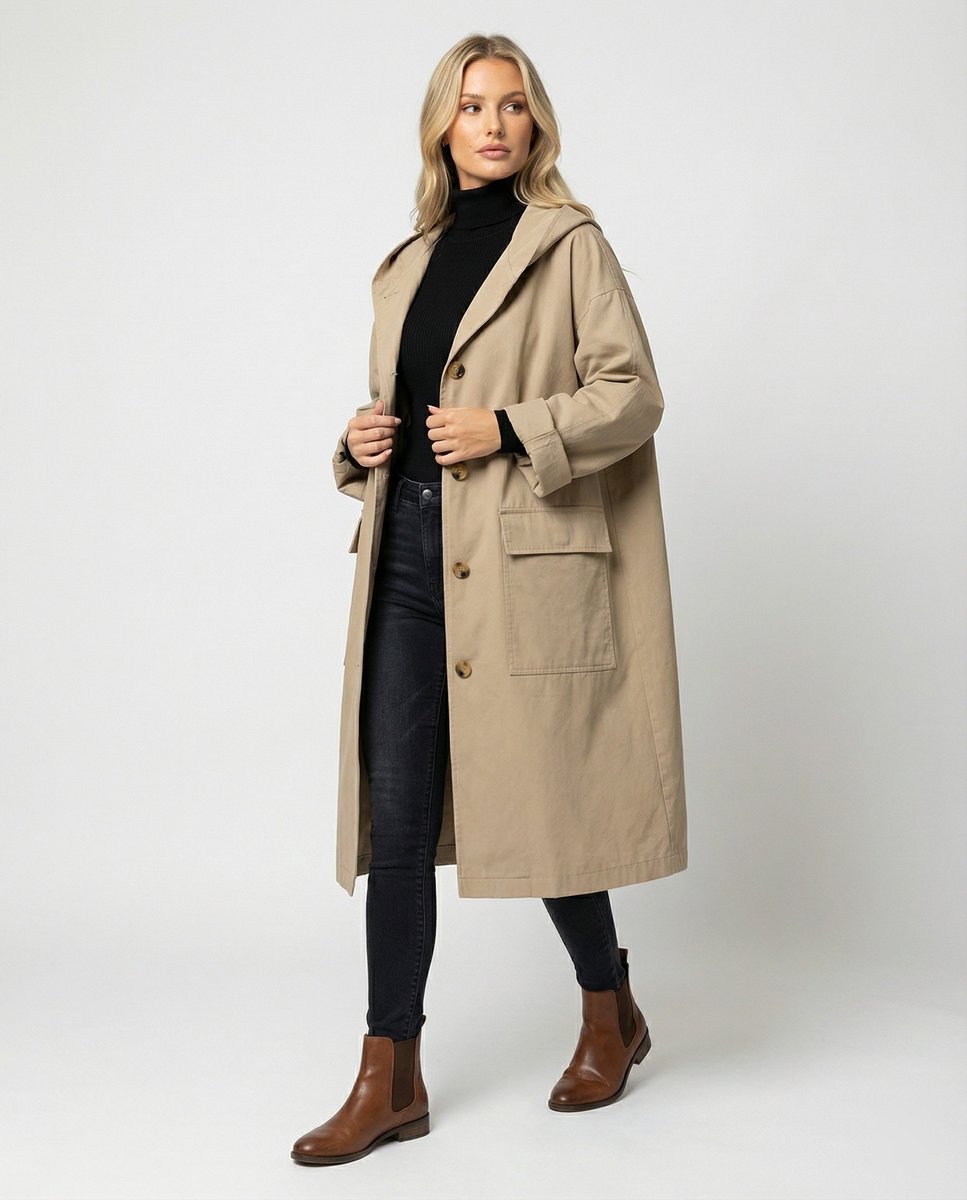 Lea | Damers Lang Vannavstøtende Hette Trench Coat Vindbeskyttende