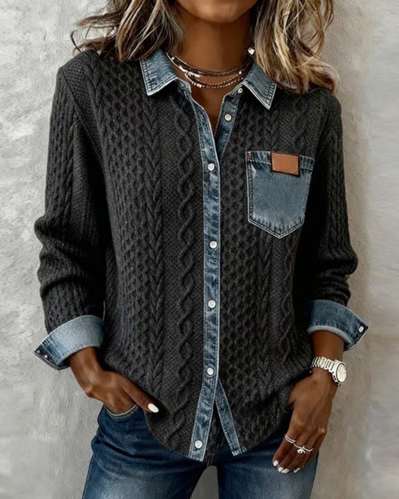 Mathilde | Dame Langermet Kabelstrikket Skjorte med Denim Patchwork