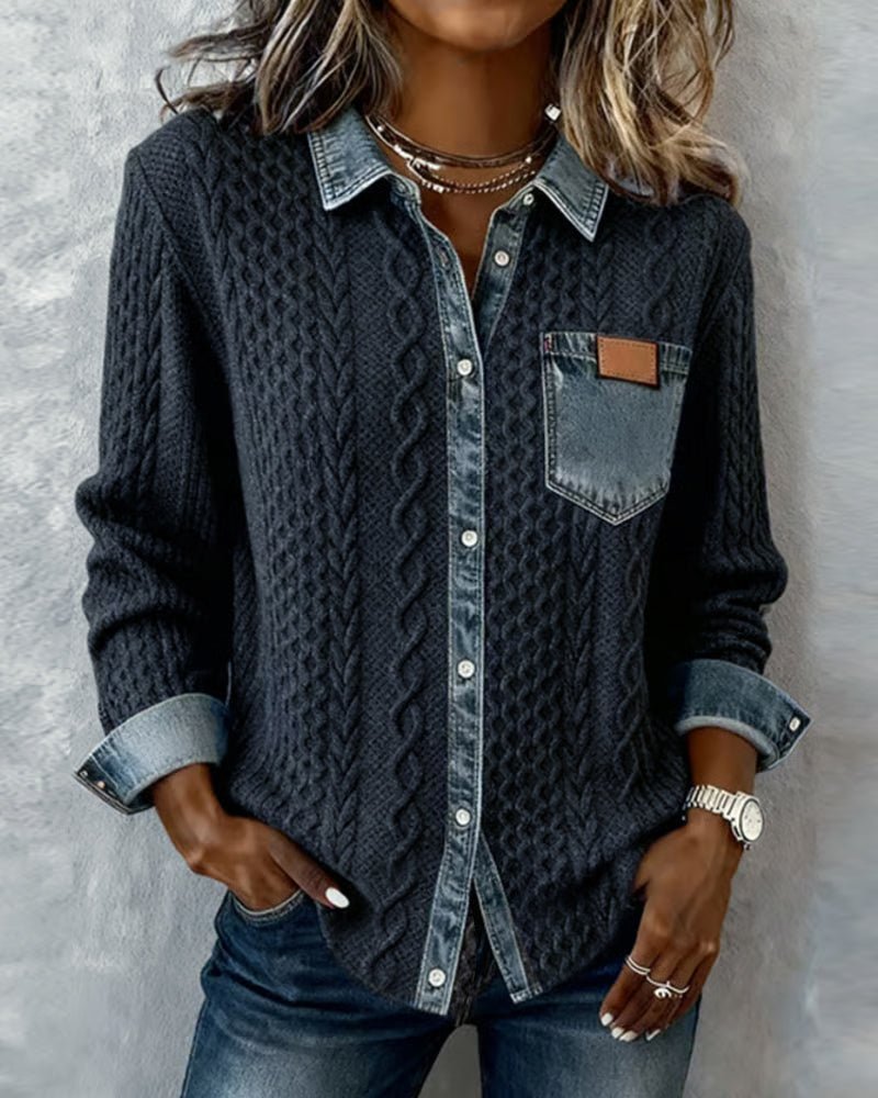 Mathilde | Dame Langermet Kabelstrikket Skjorte med Denim Patchwork