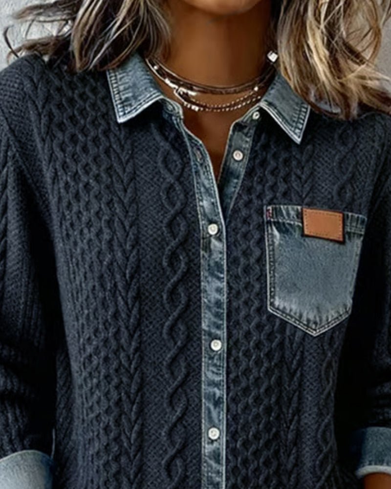 Mathilde | Dame Langermet Kabelstrikket Skjorte med Denim Patchwork
