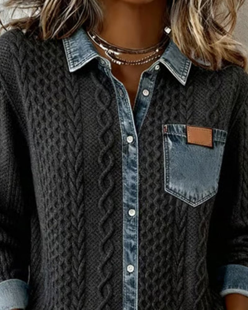 Mathilde | Dame Langermet Kabelstrikket Skjorte med Denim Patchwork