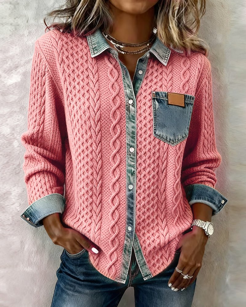 Mathilde | Dame Langermet Kabelstrikket Skjorte med Denim Patchwork