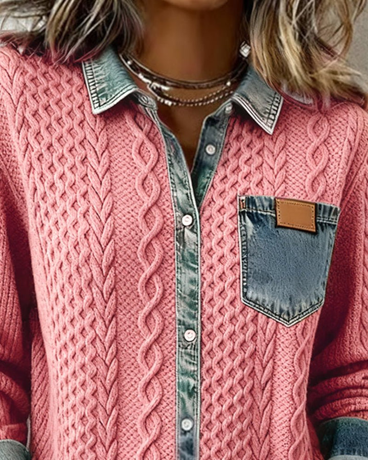 Mathilde | Dame Langermet Kabelstrikket Skjorte med Denim Patchwork