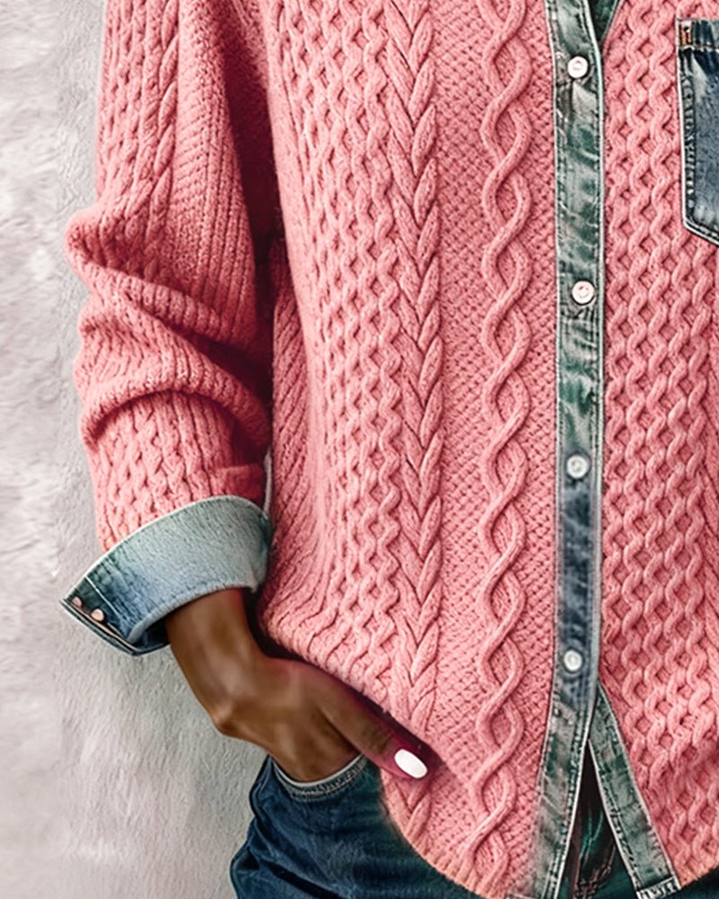 Mathilde | Dame Langermet Kabelstrikket Skjorte med Denim Patchwork