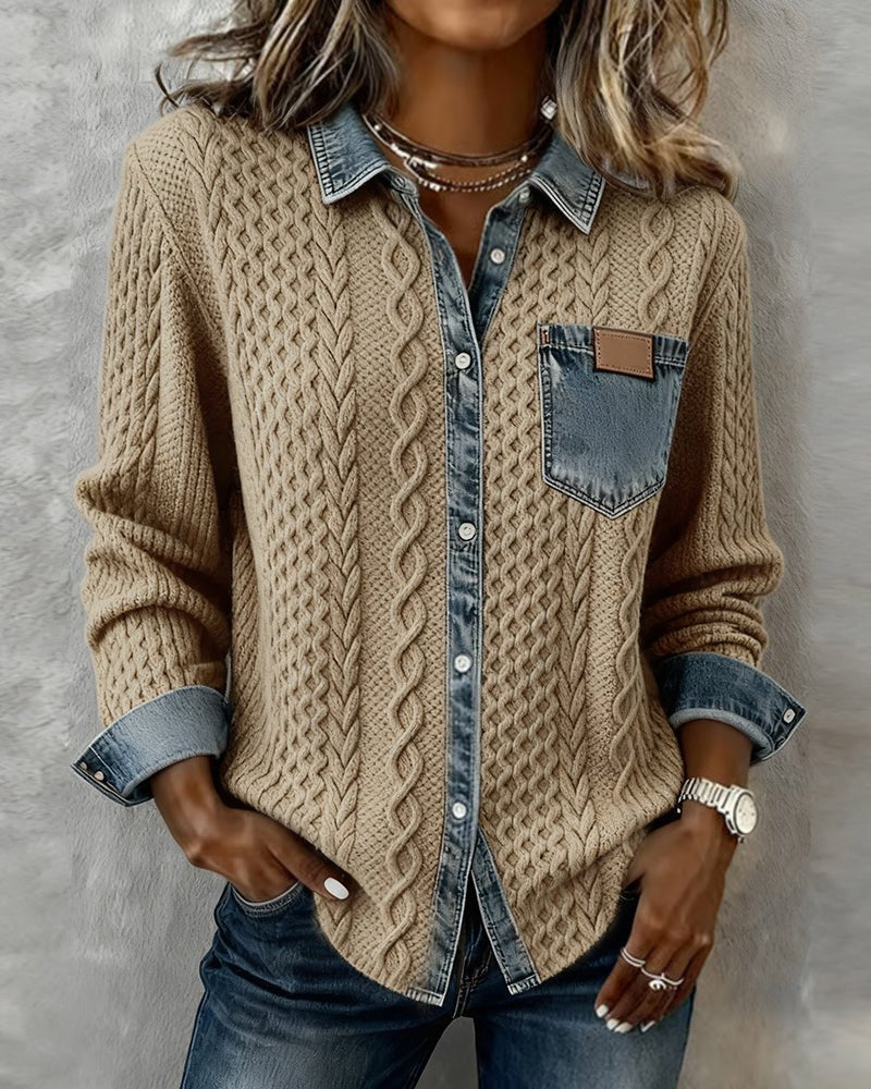 Mathilde | Dame Langermet Kabelstrikket Skjorte med Denim Patchwork