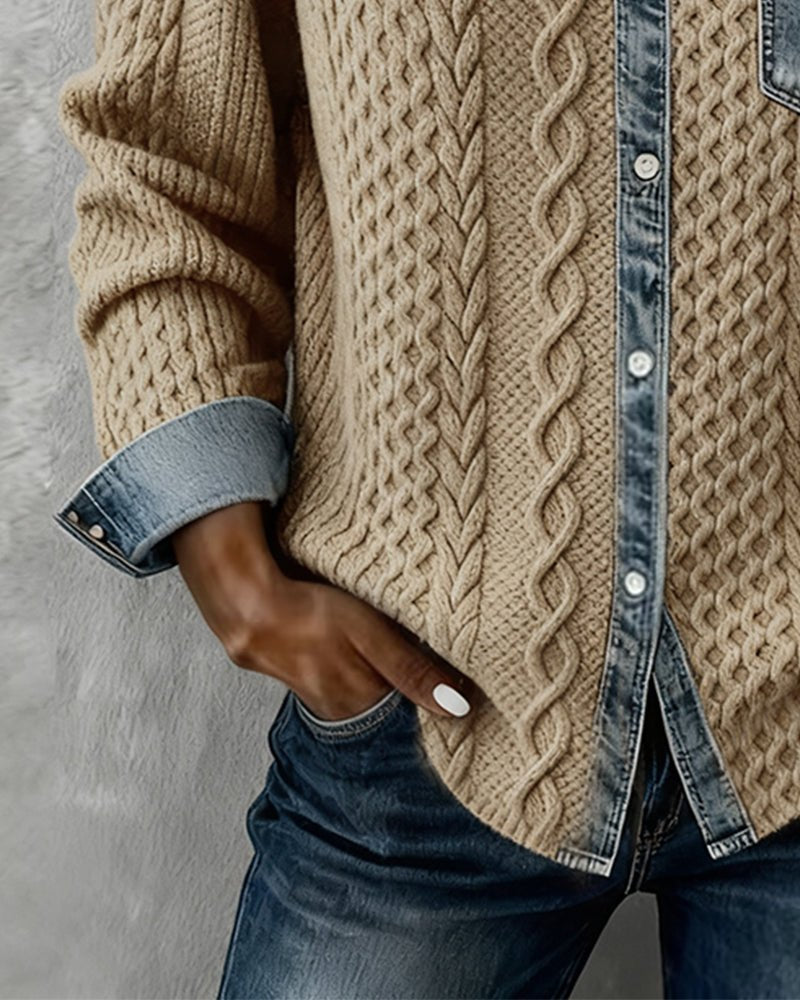 Mathilde | Dame Langermet Kabelstrikket Skjorte med Denim Patchwork