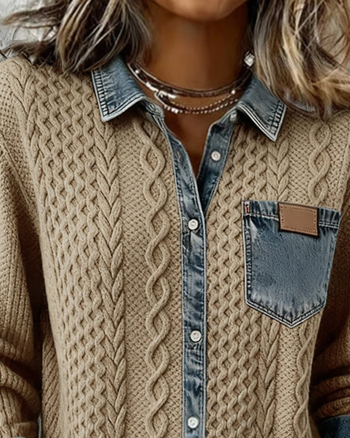 Mathilde | Dame Langermet Kabelstrikket Skjorte med Denim Patchwork