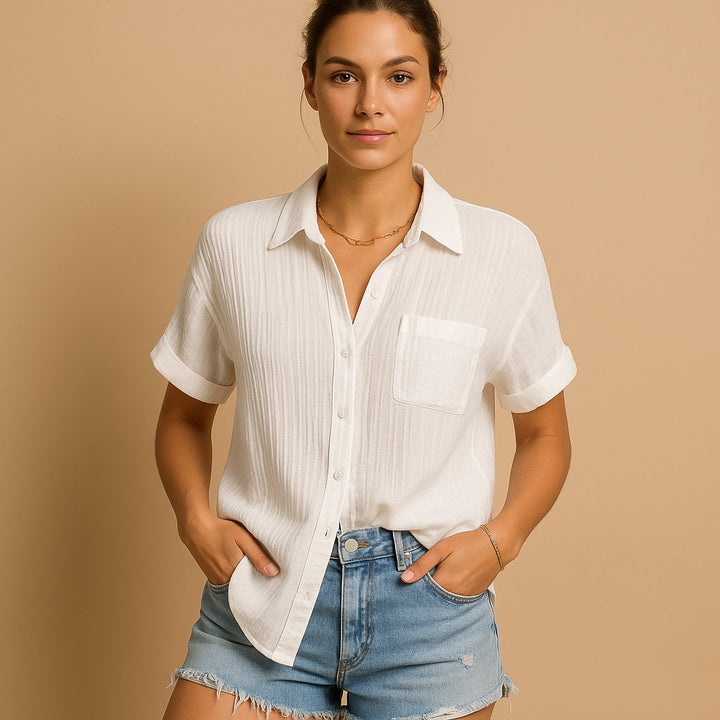 Josefine | Kvinne Lin-Look Kortermet Casual Skjorte med Brystlomme