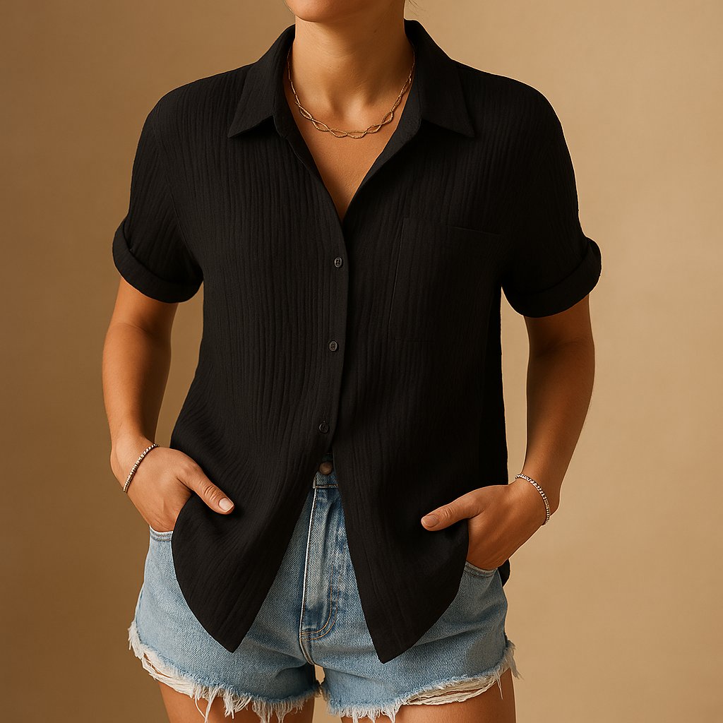 Josefine | Kvinne Lin-Look Kortermet Casual Skjorte med Brystlomme