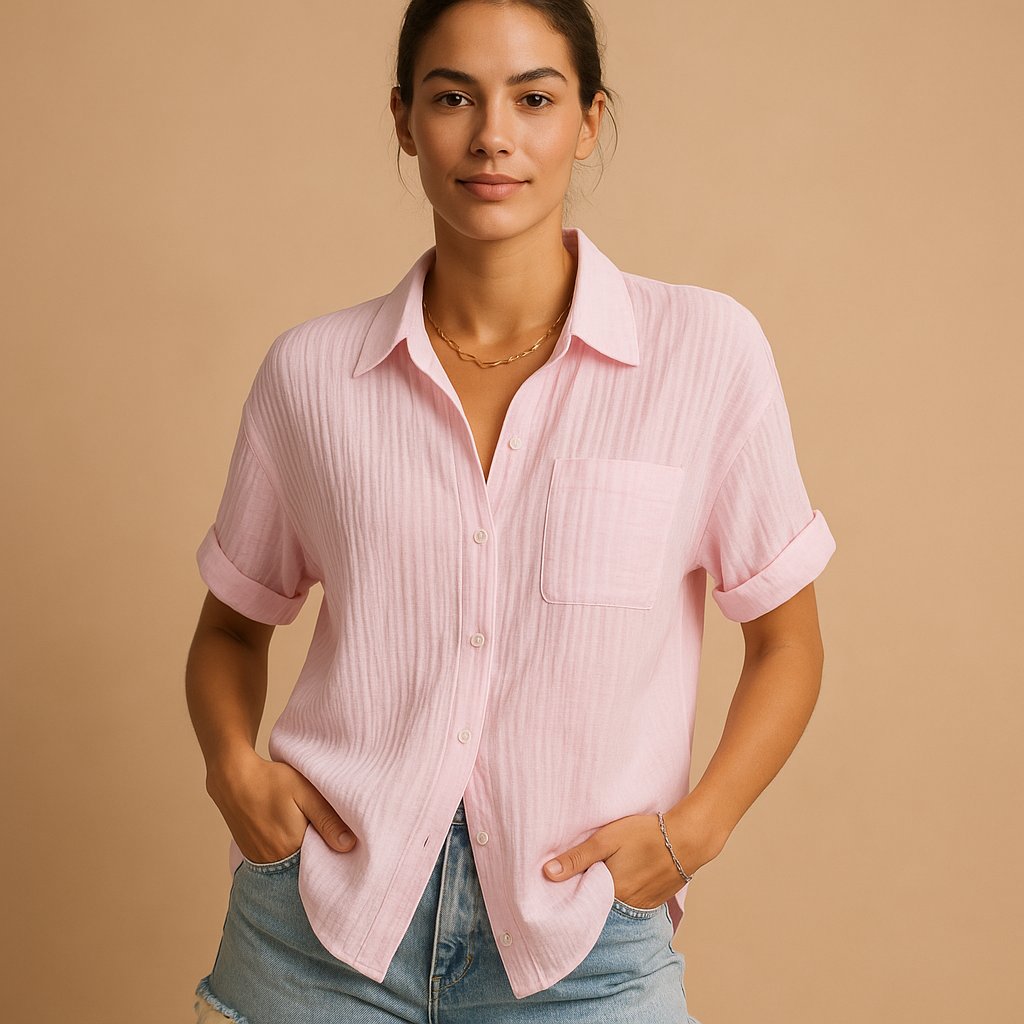 Josefine | Kvinne Lin-Look Kortermet Casual Skjorte med Brystlomme