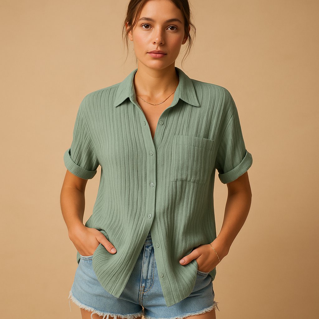 Josefine | Kvinne Lin-Look Kortermet Casual Skjorte med Brystlomme