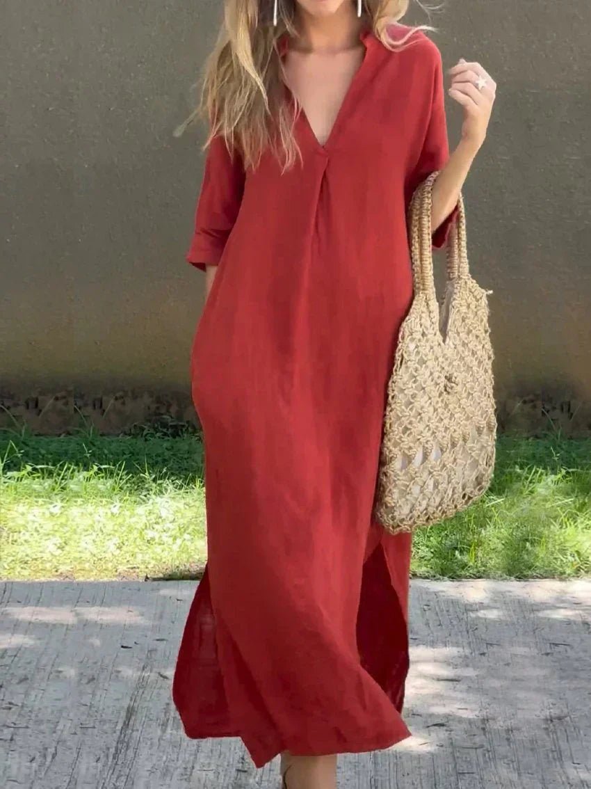 Josefine | Kvinners Maxi Sommerkjole V-hals Avslappet Lin Look