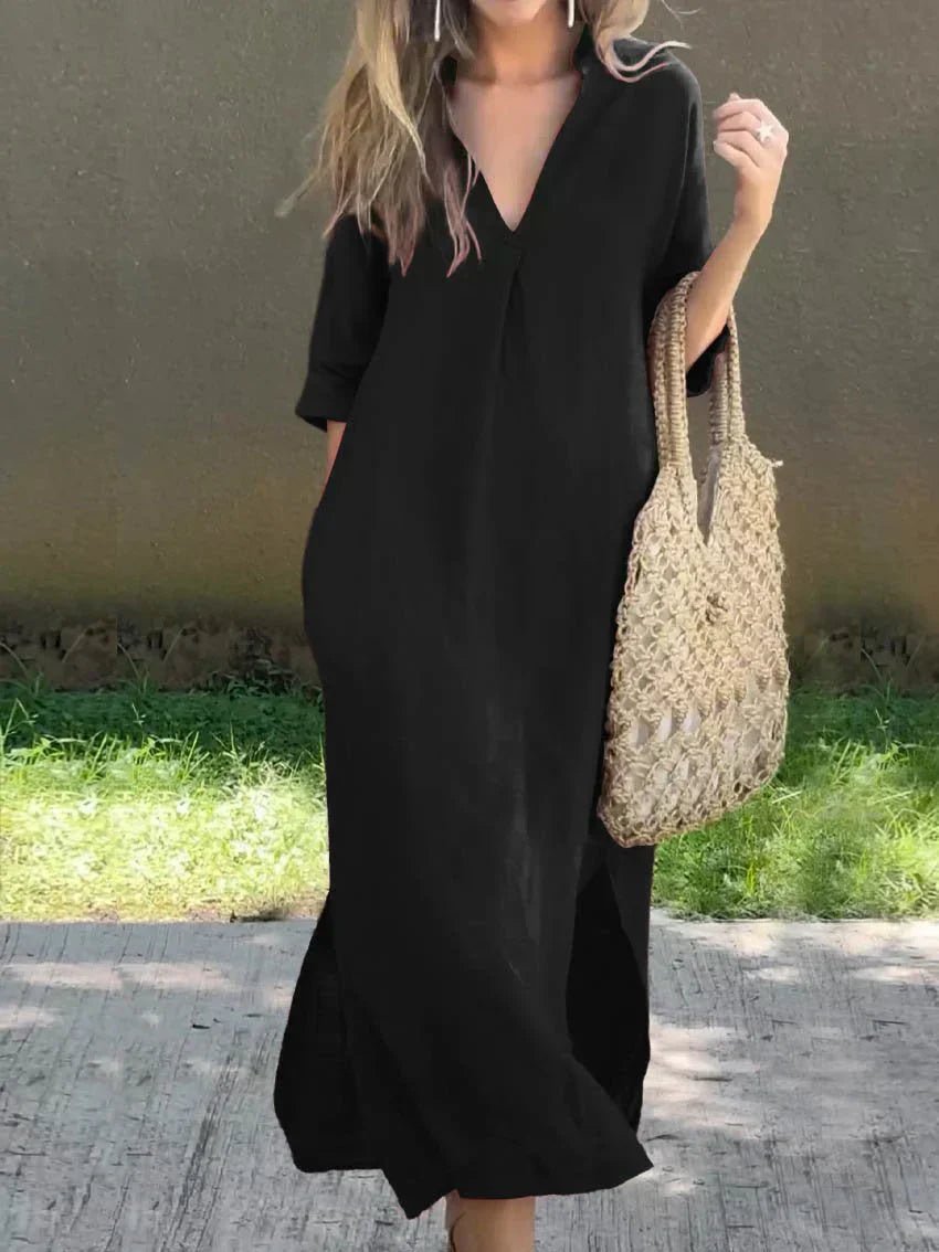 Josefine | Kvinners Maxi Sommerkjole V-hals Avslappet Lin Look