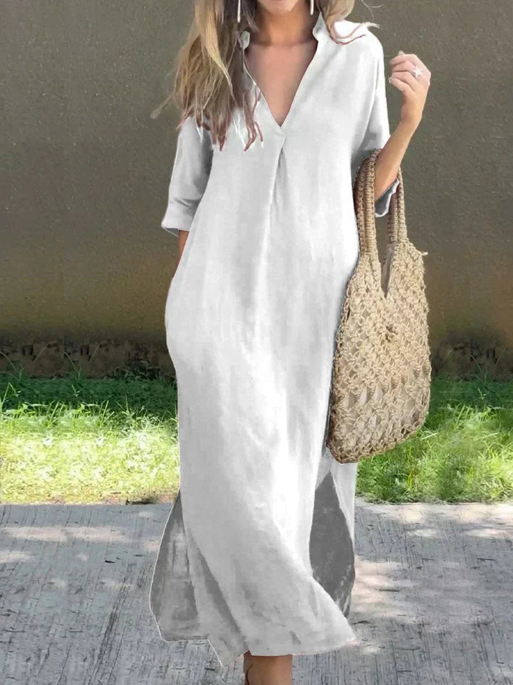 Josefine | Kvinners Maxi Sommerkjole V-hals Avslappet Lin Look