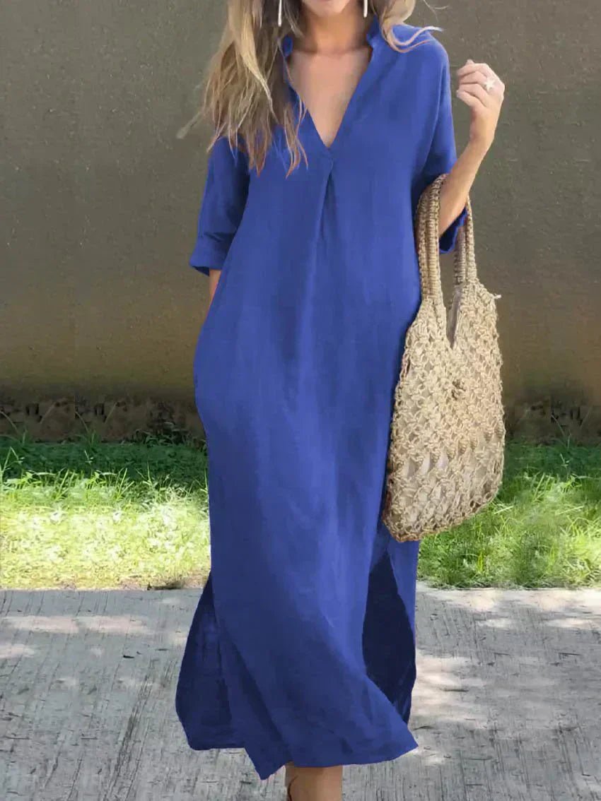 Josefine | Kvinners Maxi Sommerkjole V-hals Avslappet Lin Look