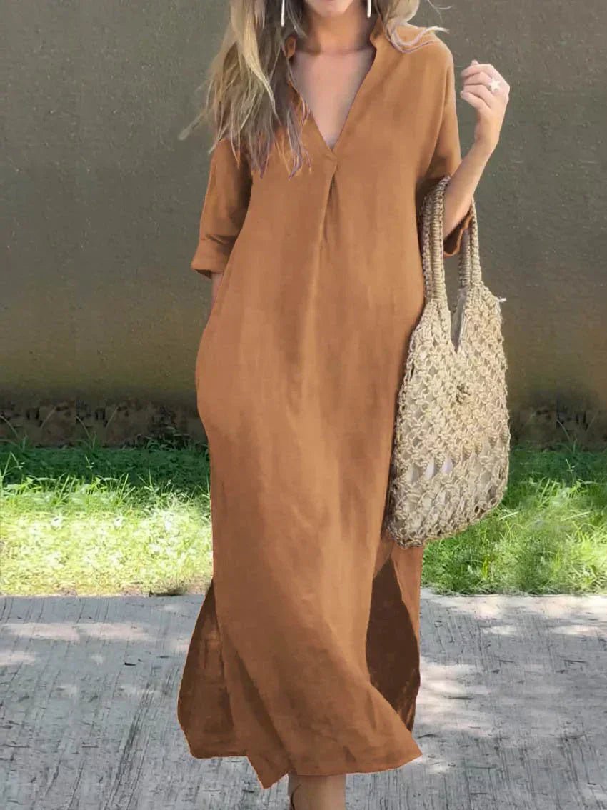 Josefine | Kvinners Maxi Sommerkjole V-hals Avslappet Lin Look