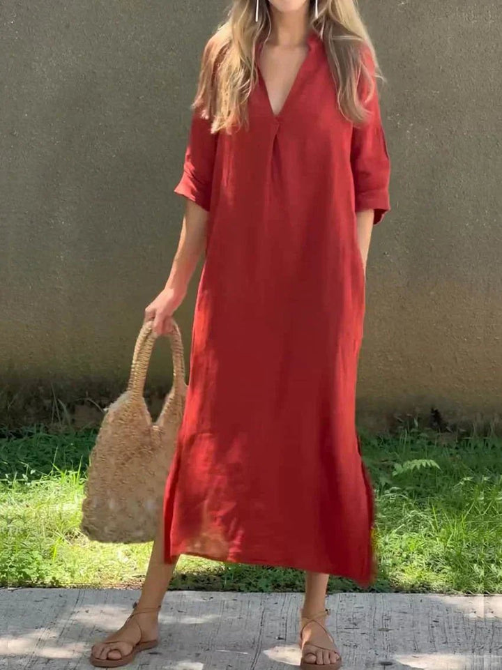 Josefine | Kvinners Maxi Sommerkjole V-hals Avslappet Lin Look