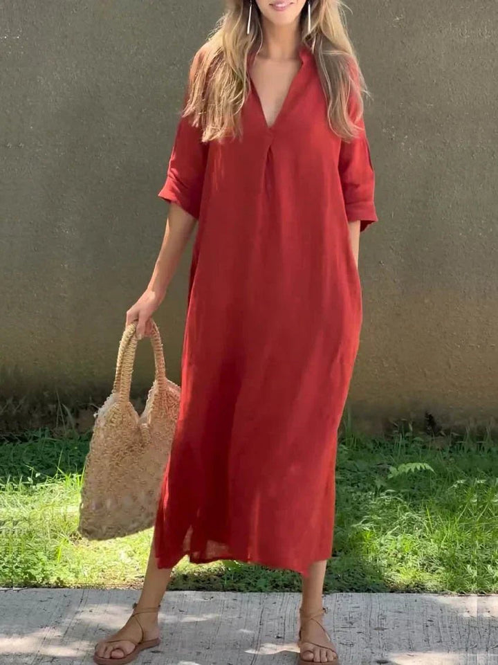 Josefine | Kvinners Maxi Sommerkjole V-hals Avslappet Lin Look