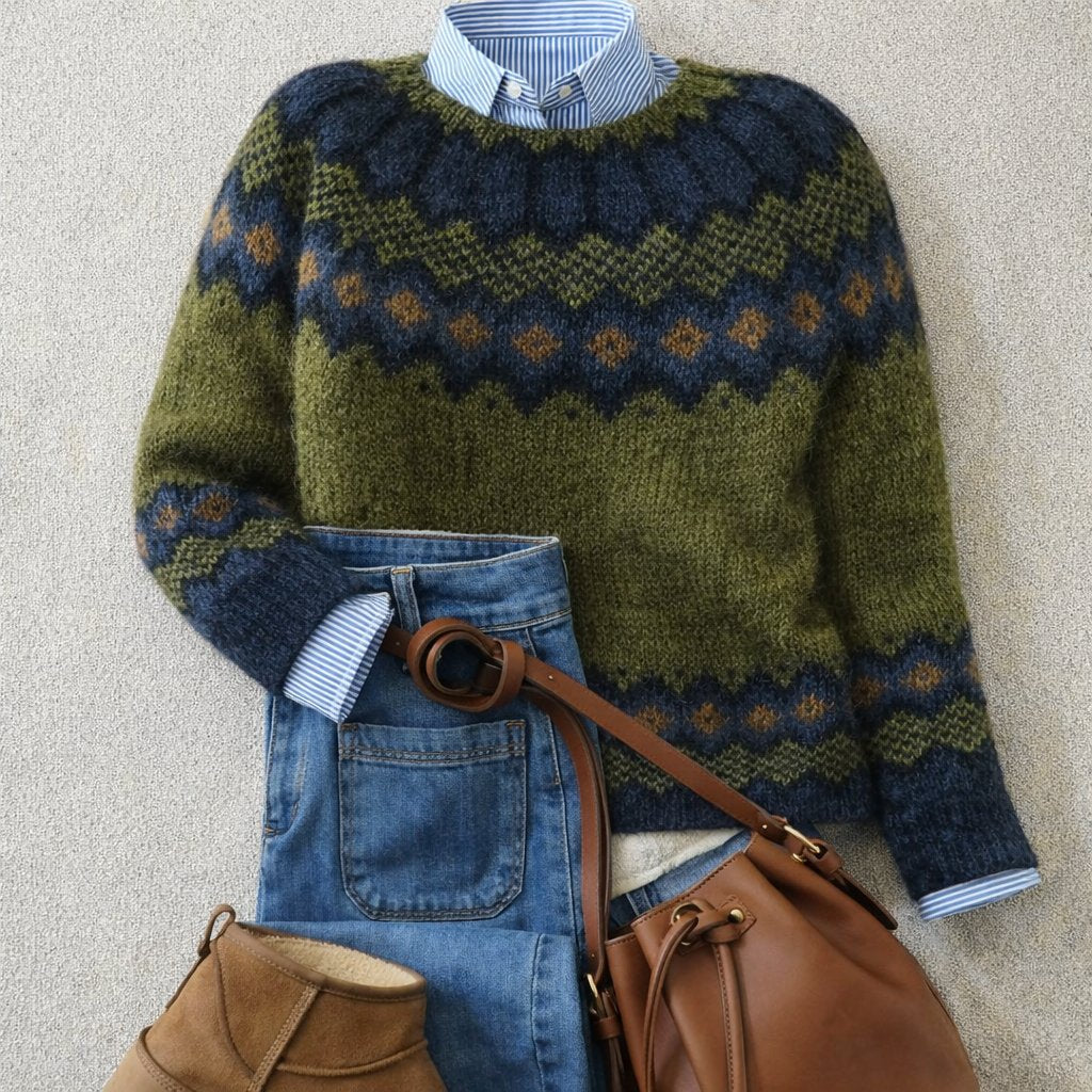 Ella | Dame Nordic Fair Isle Strikkegenser med Rund Hals og Løs Passform