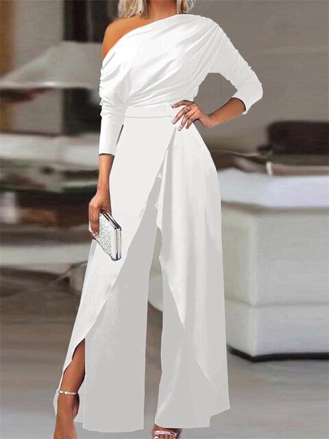 Olivia | Kvinne Off-Shoulder Langermet Jumpsuit med Vide Ben
