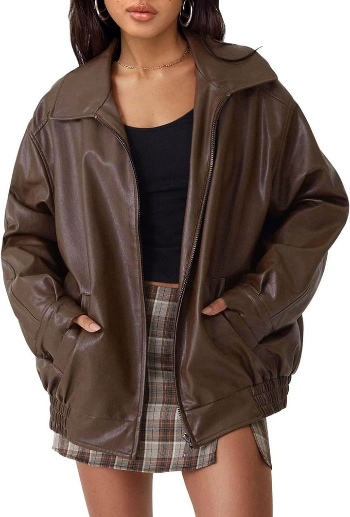 Liv | Kvinne Oversized Faux Skinnjakke Med Glidelås Bomber