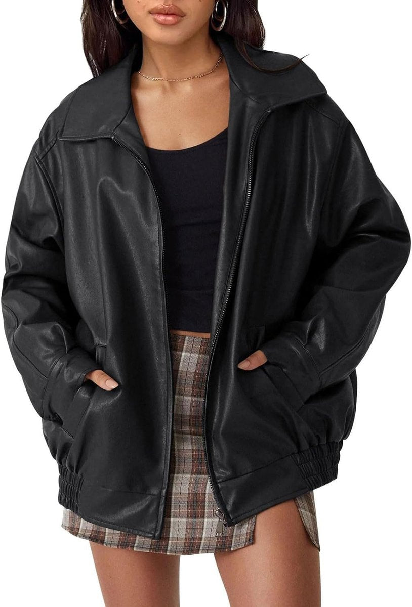 Liv | Kvinne Oversized Faux Skinnjakke Med Glidelås Bomber
