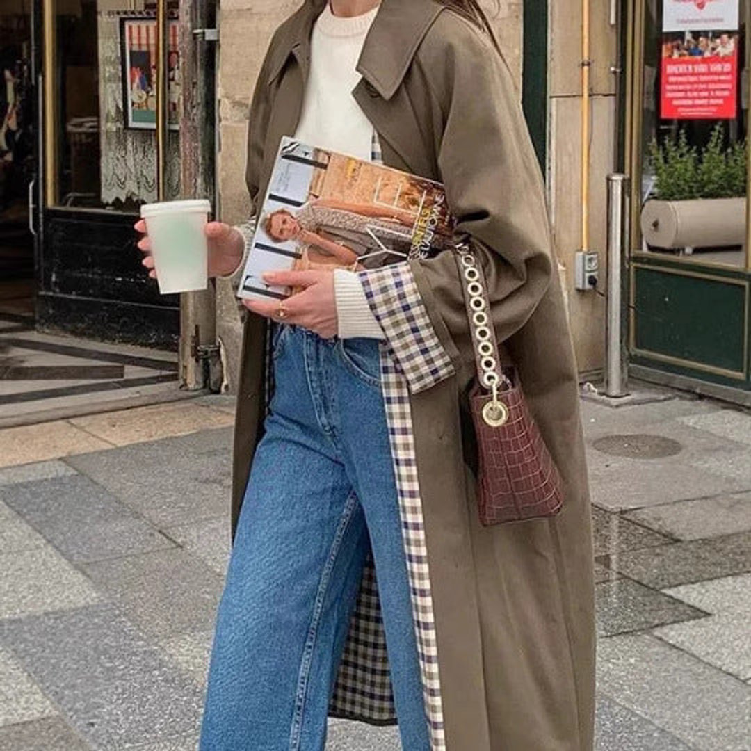 Alma | Dame Oversized Rutete Trench Coat i Bomullsblanding med Lange Ermer