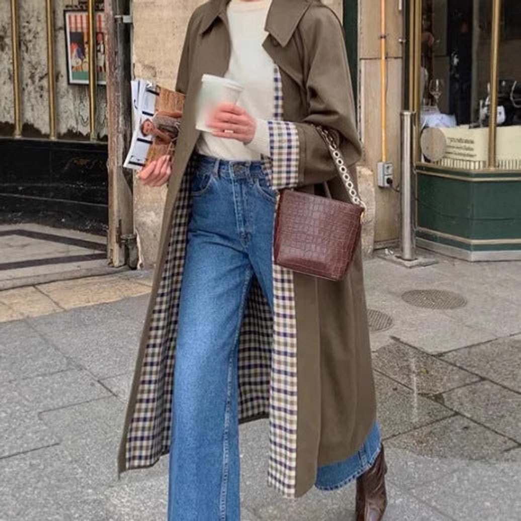 Alma | Dame Oversized Rutete Trench Coat i Bomullsblanding med Lange Ermer