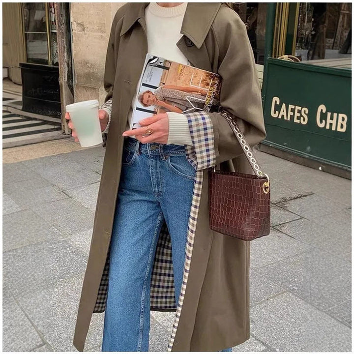 Alma | Dame Oversized Rutete Trench Coat i Bomullsblanding med Lange Ermer