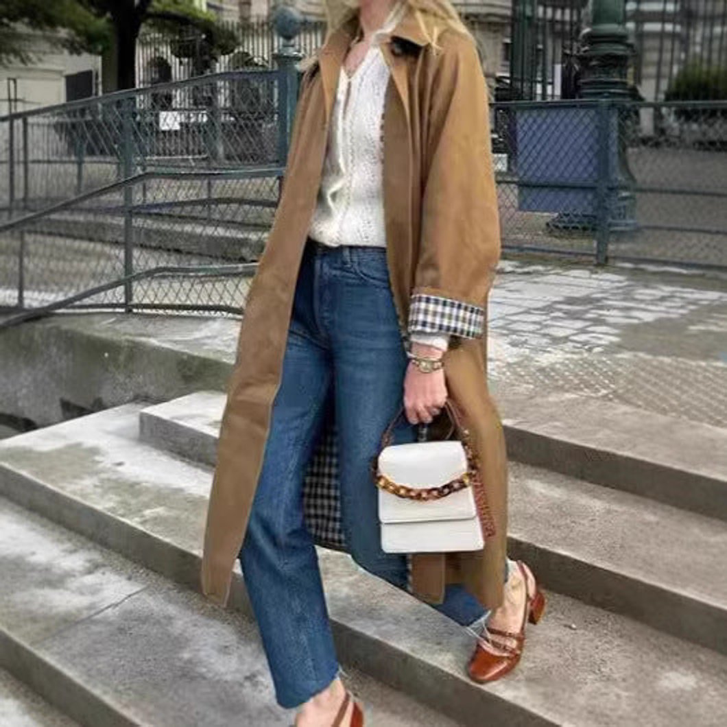 Alma | Dame Oversized Rutete Trench Coat i Bomullsblanding med Lange Ermer