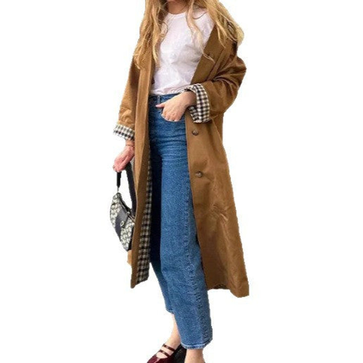 Alma | Dame Oversized Rutete Trench Coat i Bomullsblanding med Lange Ermer