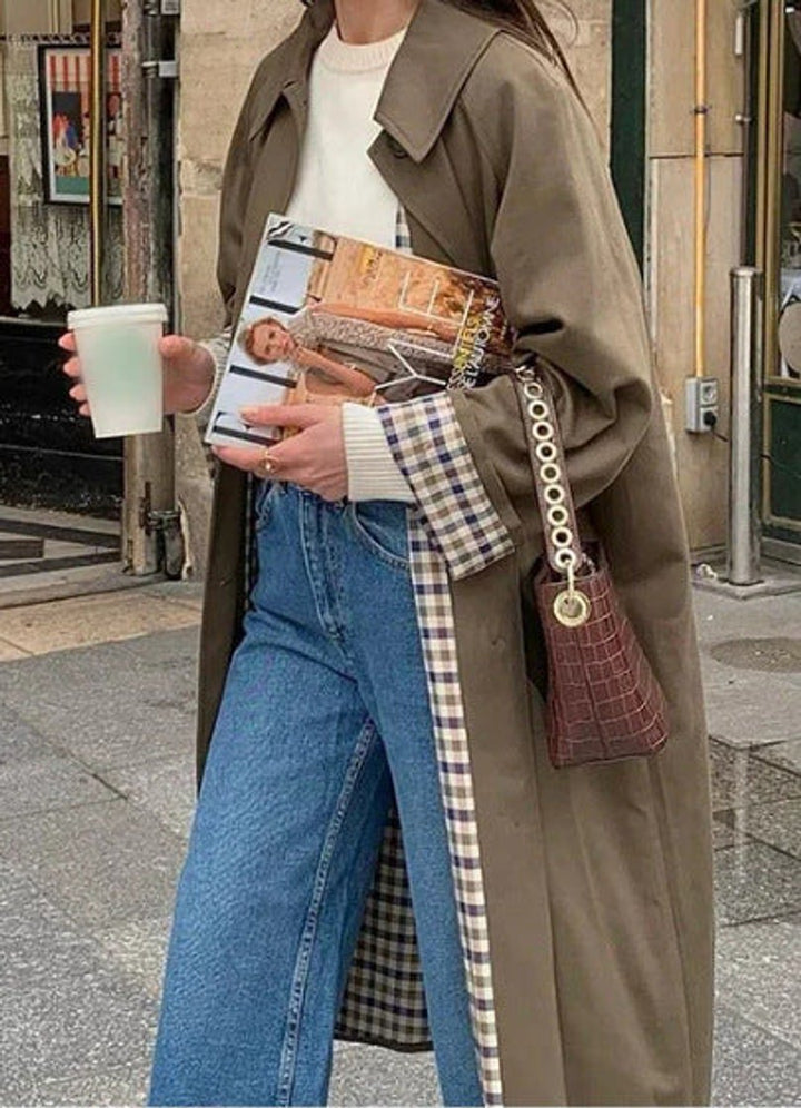 Alma | Dame Oversized Rutete Trench Coat i Bomullsblanding med Lange Ermer