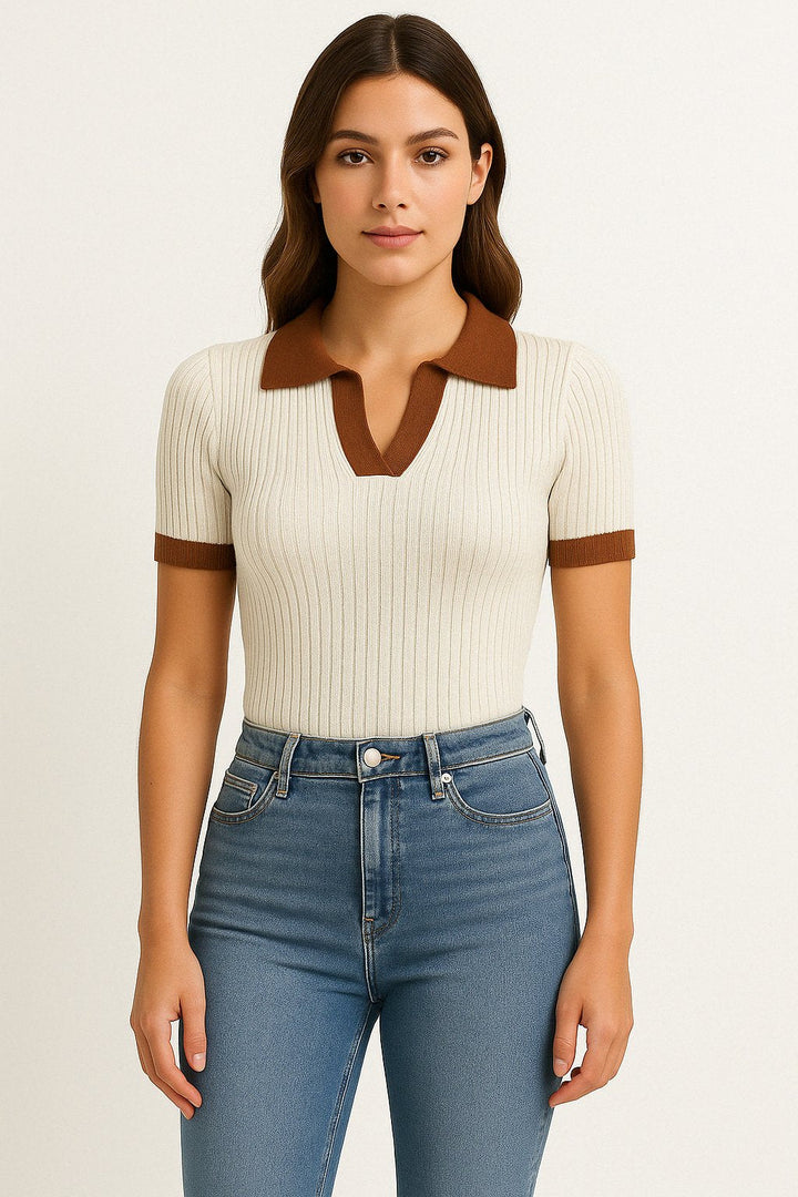 Anna | Kvinne Polo Skjorte Fitted Ribbet Kort Erme
