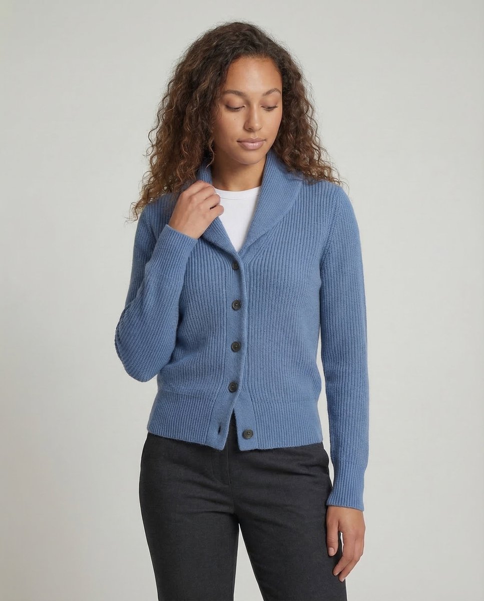 Laura | Dame Ribbestrikket Cardigan med Revers og Knapplukking
