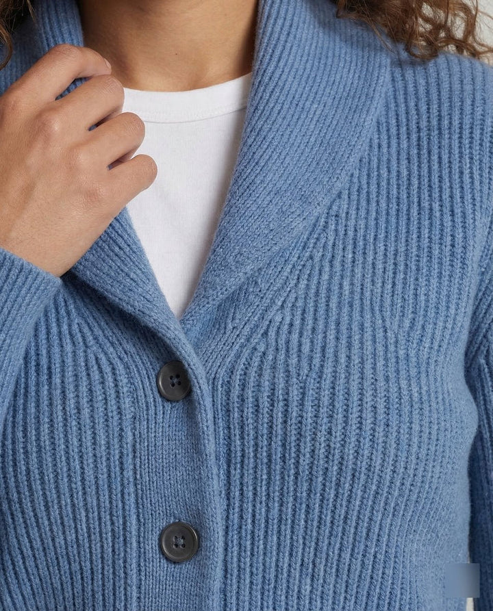 Laura | Dame Ribbestrikket Cardigan med Revers og Knapplukking