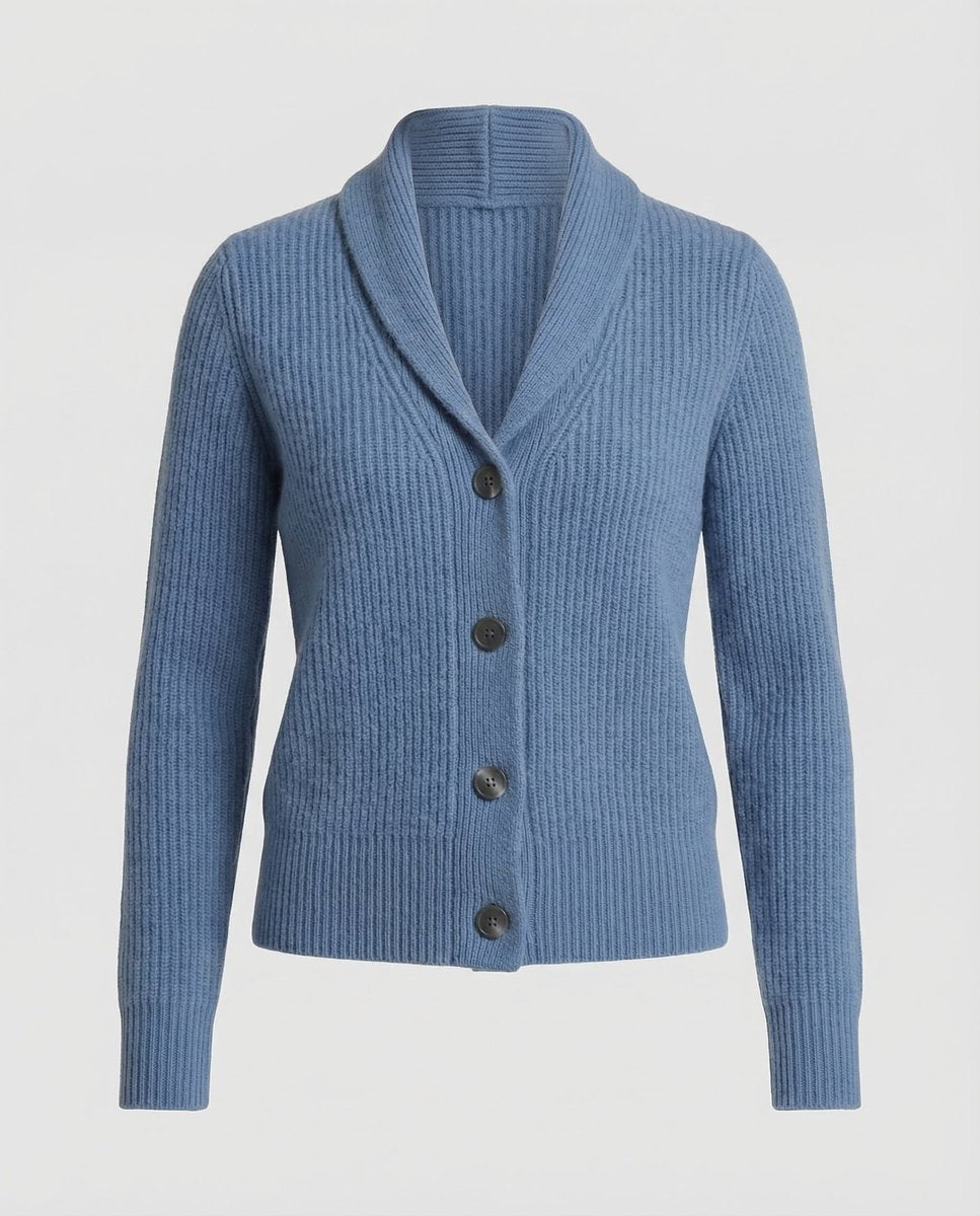 Laura | Dame Ribbestrikket Cardigan med Revers og Knapplukking